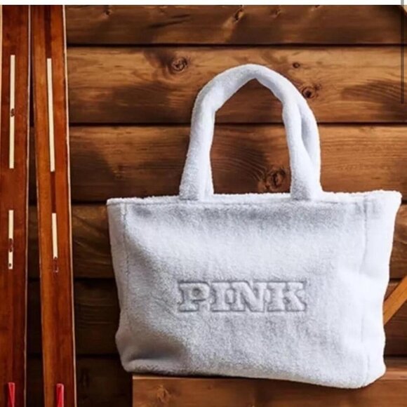 Victorias Secret PINK Fleece Tote Teddy Sherpa Bag Travel Overnight Logo Blue - Picture 2 of 11
